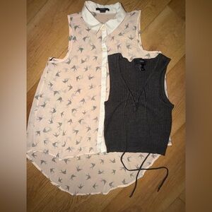 Forever 21 Sheer Bird Print Collared Blouse & Charcoal Knit Crop Tank Bundle